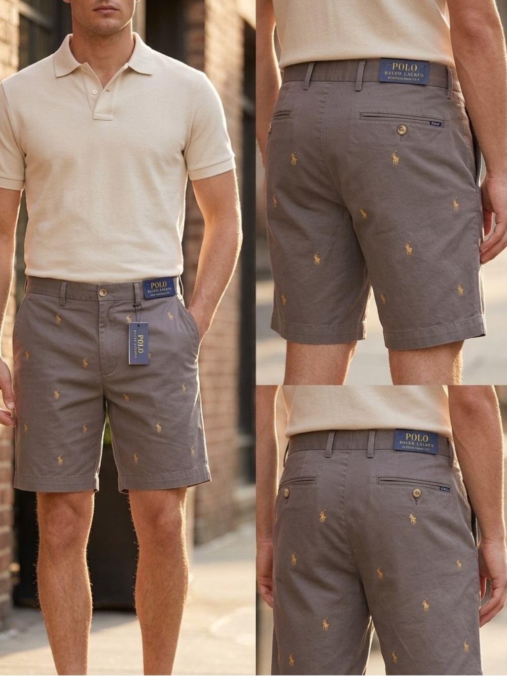 Ralph Lauren Gray Embroidered Polo Chino Shorts with Gold Logos